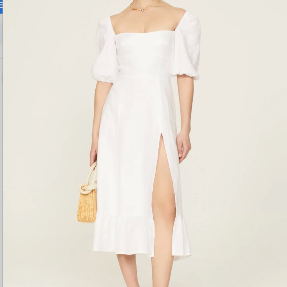 Reformation White Square-Neck Midi Dress with Puff Sleeves
